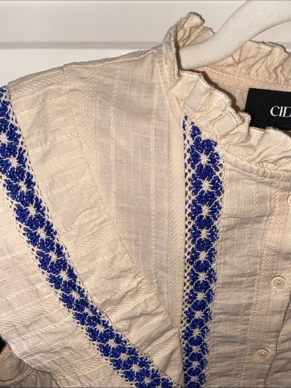 Cider Cotton Stand Collar Crochet Contrasting Binding Short Sleeve Blouse - Picture 11 of 12